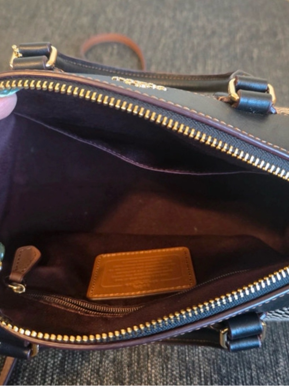 Coach Black and White Checkered Satchel with Brown Leather Trim - Picture 5 of 8